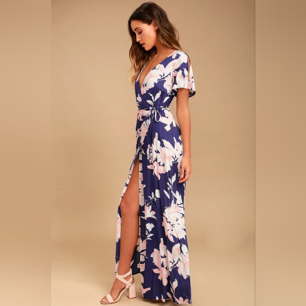 NWT Lulu's Azalea Regalia Navy Blue Floral Print Wrap Maxi Dress - Women's Small